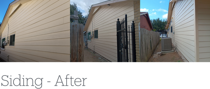 Three-part panorama showing a house with tan siding, next to a fence. Title below says