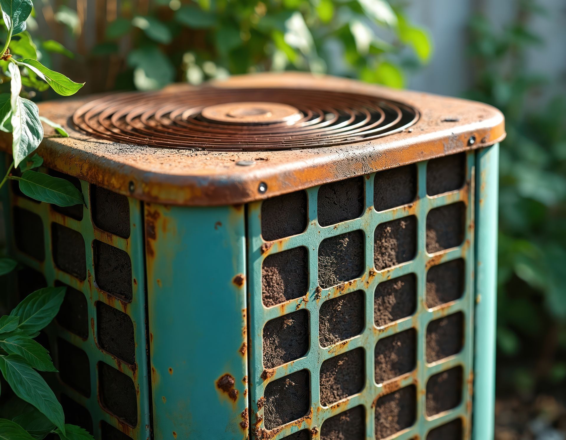 Rusted and deteriorated outdoor HVAC condenser unit ready for scrap metal recycling