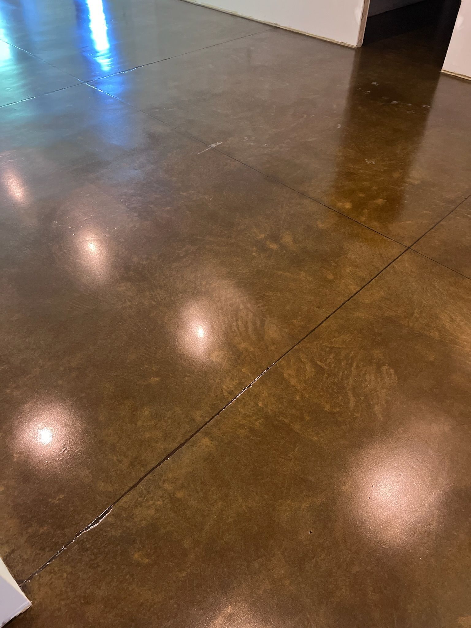 Polished brown concrete floor with visible control joints and light reflections.