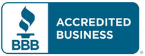 BBB Accredited Business logo with white text on a blue and white background