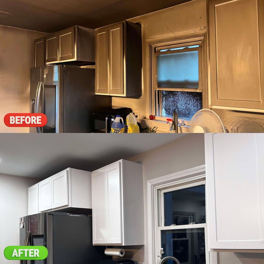 A before and after photo of a kitchen with white cabinets and a black refrigerator.