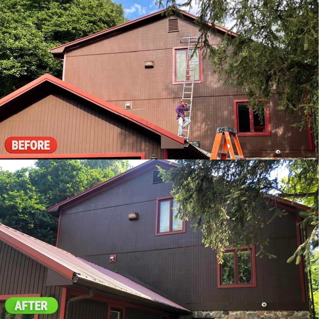 A before and after picture of a house being painted.