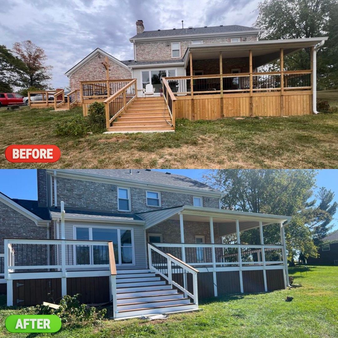 A before and after picture of a house with a deck.