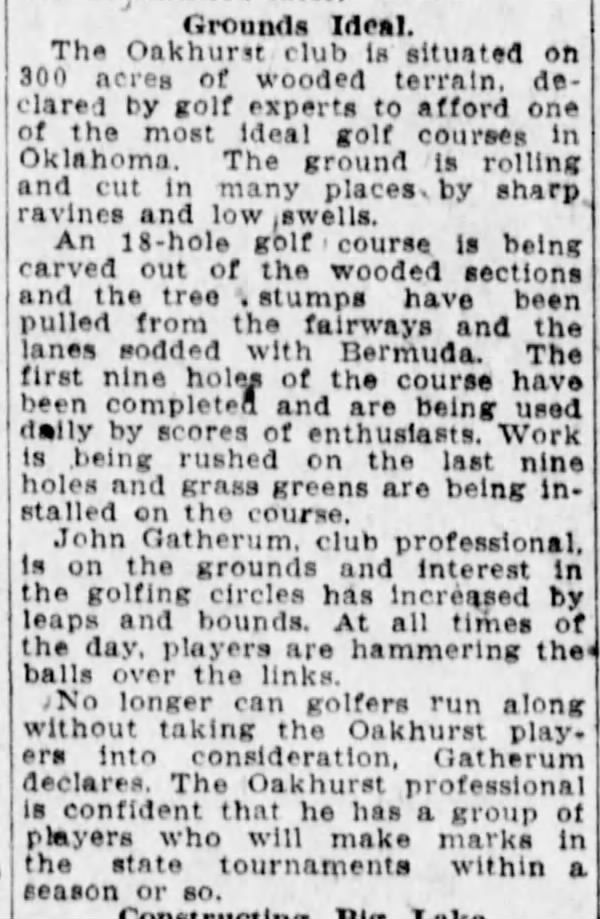 Text excerpt about the Oakhurst club golf course in Oklahoma, describing its ideal grounds.