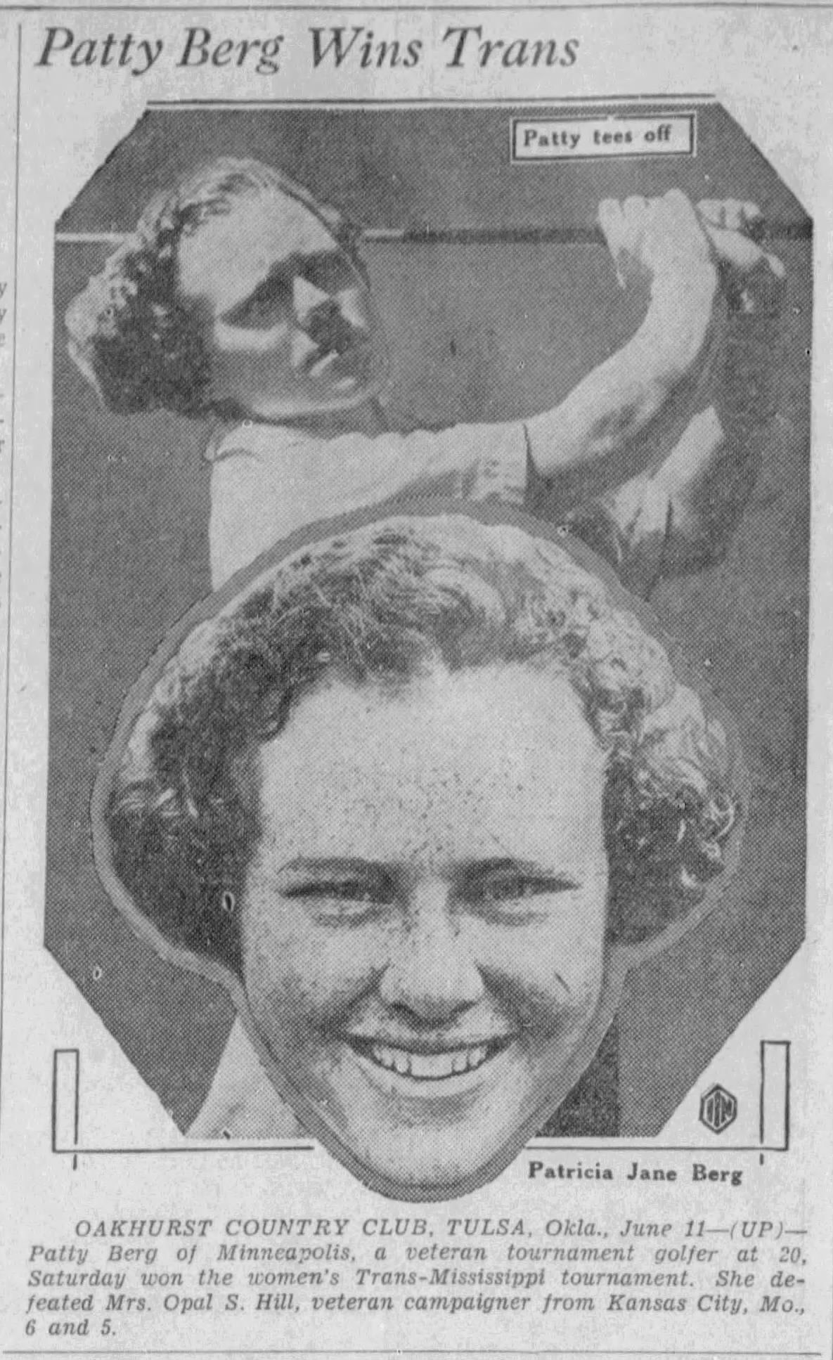 Patty Berg, golfer, wins tournament; headline reads