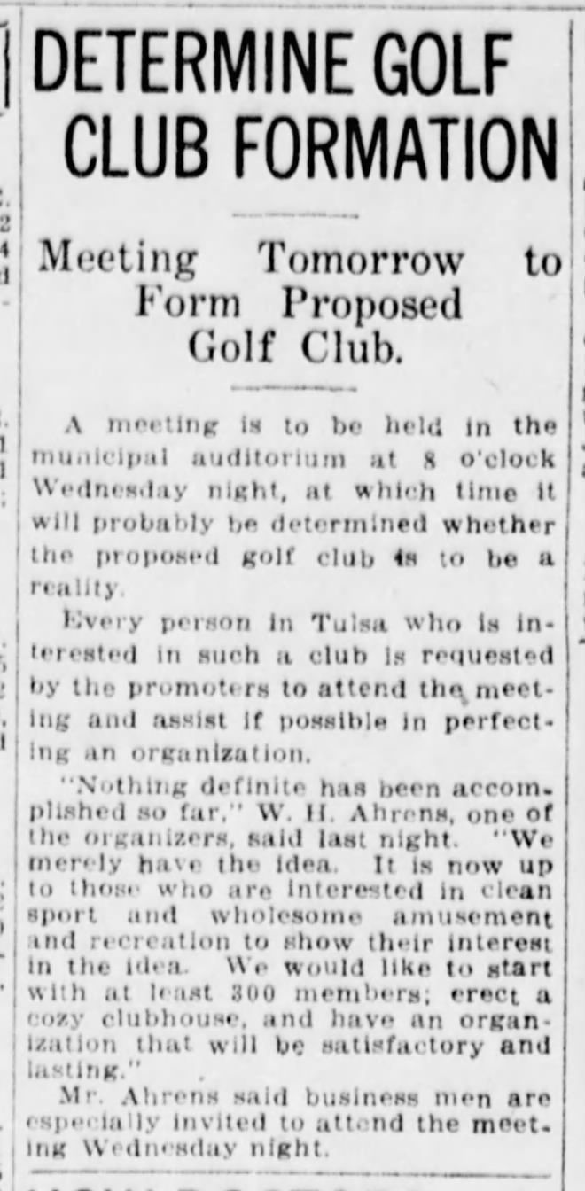 Newspaper article announcing a meeting to determine the formation of a proposed golf club in Tulsa.