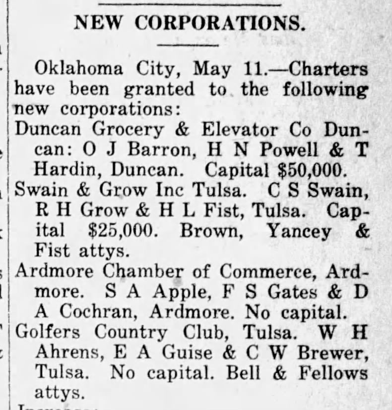 List of new corporations in Oklahoma, including Duncan Grocery, Swain & Grow Inc, and Golfers Country Club.