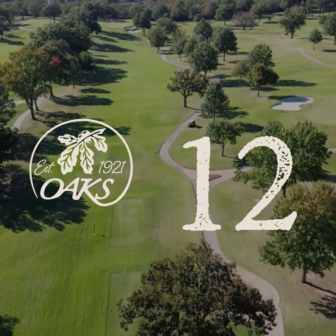 Aerial view of a green golf course with the number 12, a logo for