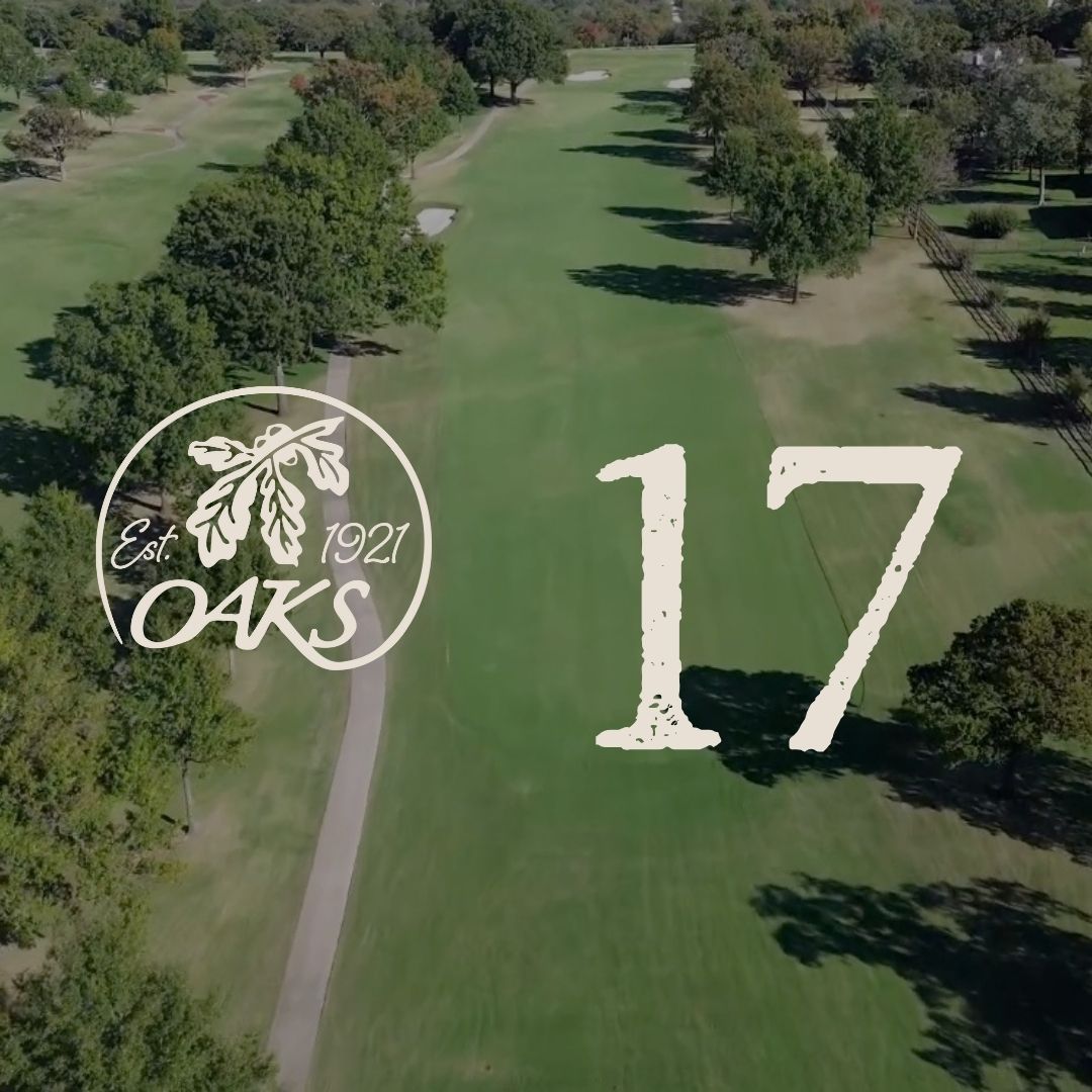 Aerial view of a green golf course with the number 17 and