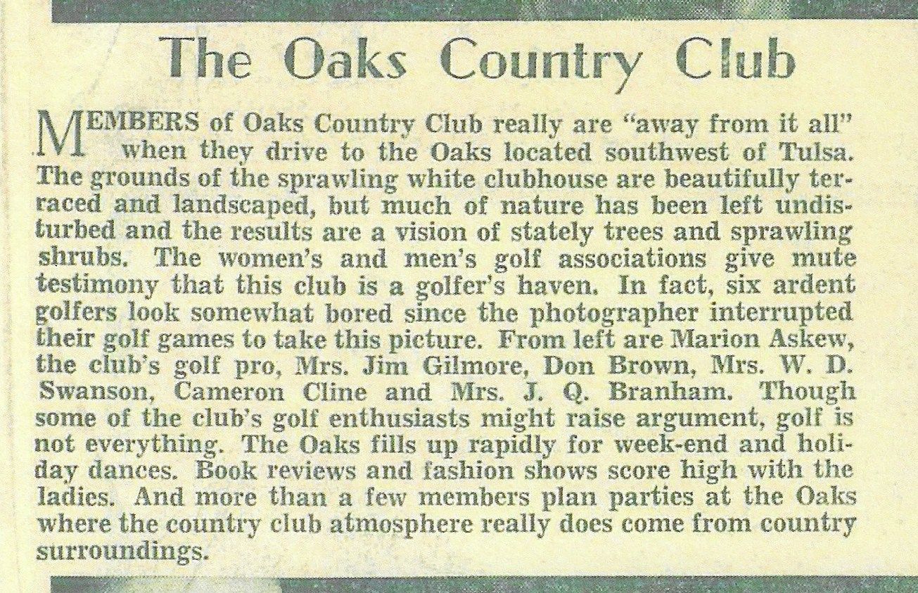 Text article about the Oaks Country Club: mentions location, features, and activities, with names listed.