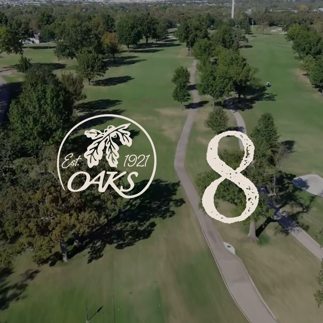 Aerial view of Oaks Golf Course hole 8. Course logo and number 8 overlaid on green fairway and trees.