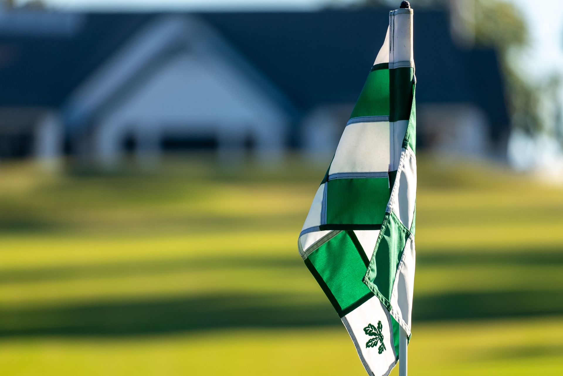 Green and white checkered golf flag on a green, sunny course. A clubhouse is blurred in the background.