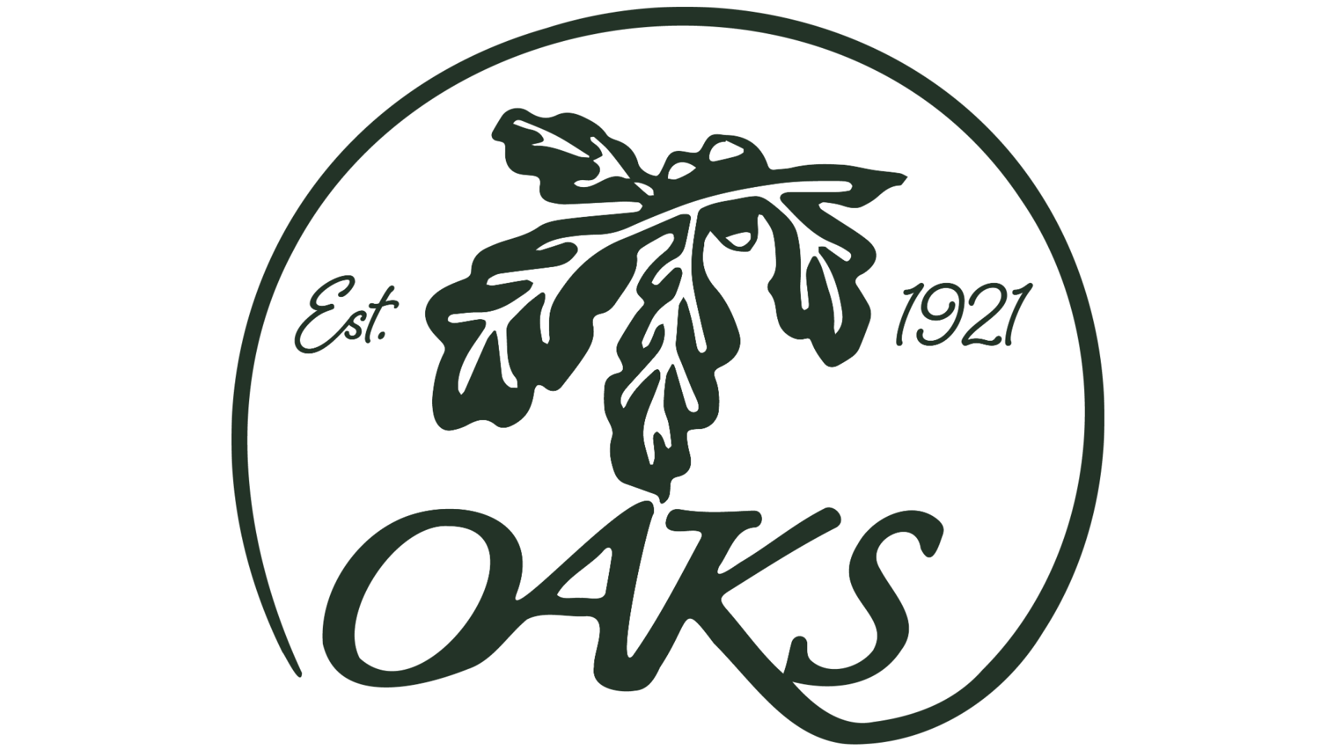 Green oak leaf and "Oaks" text within a circle, "Est. 1921" above.