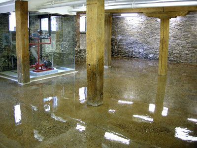 A flooded basement with a wooden pillar and a basketball hoop.