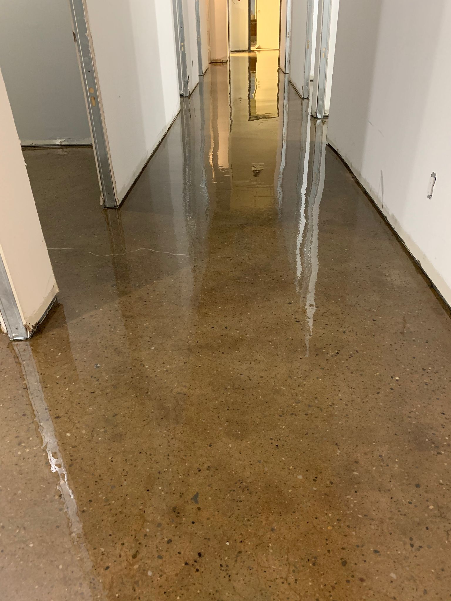 A long hallway with a shiny concrete floor and white walls.
