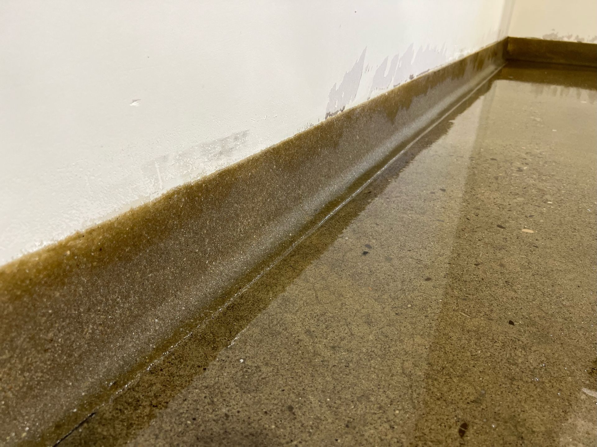 A corner of a room with a concrete floor and a white wall.