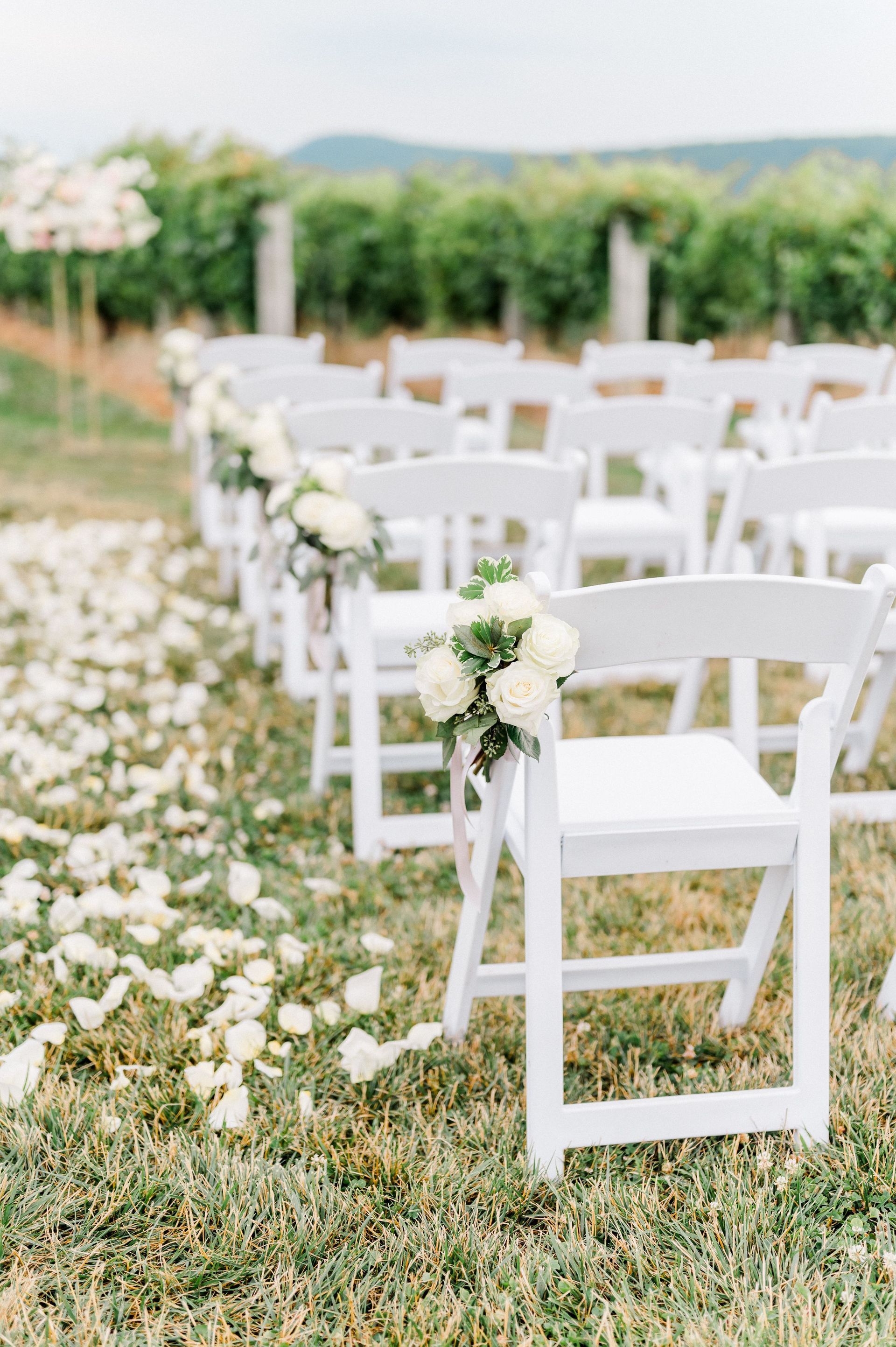 A row of white folding chairs with white flowers on them are sitting in the grass.