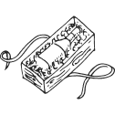 A black and white drawing of a box with a string attached to it.