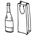 A black and white drawing of a bottle of wine and a shopping bag.