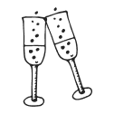 A black and white drawing of two champagne flutes toasting each other.