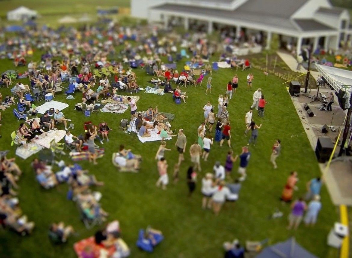 A large crowd of people are gathered in a grassy field.