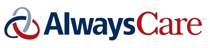 A red , white and blue logo for always care