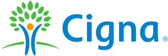 Cigna logo: blue text and tree symbol with a person in the center of the tree.
