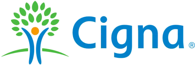 Cigna logo: blue text and tree symbol with a person in the center of the tree.