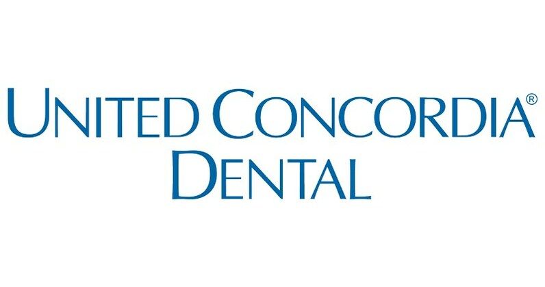 The logo for united concordia dental is blue and white.