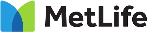 A metlife logo with a blue and green m on a white background.