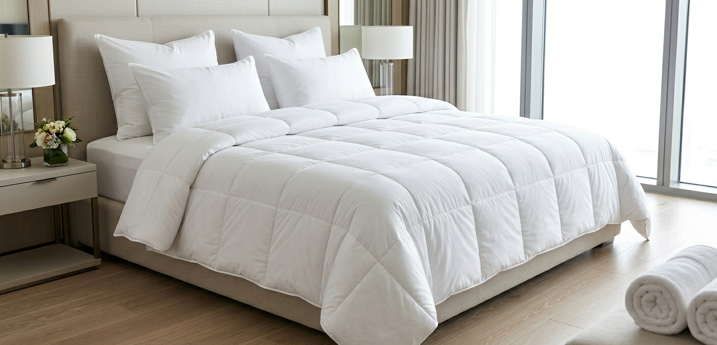 A well-made bed in a bright room with white linens. Rolled towels in the corner.