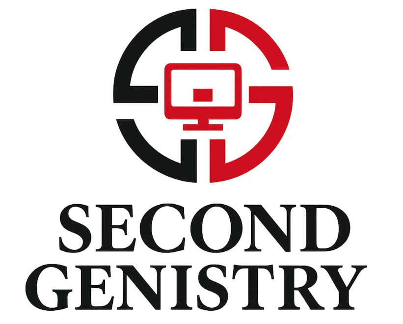a black and red logo with a computer for second genistry
