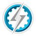 A lightning bolt in a circle with a gear in the middle.