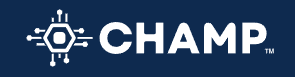 A blue background with the word champ in white letters