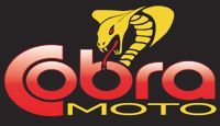 A logo for cobra moto with a yellow snake on a black background.