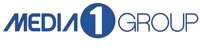 A blue and white logo for media 1 group