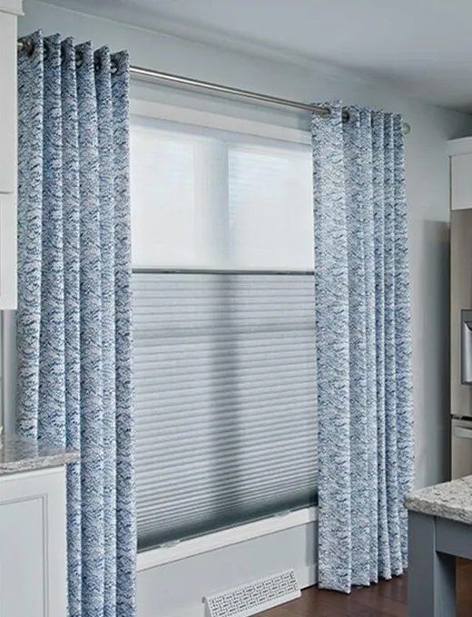 Cellular Shades — Window with Cellular Shades and Blue Curtain in Houston, TX