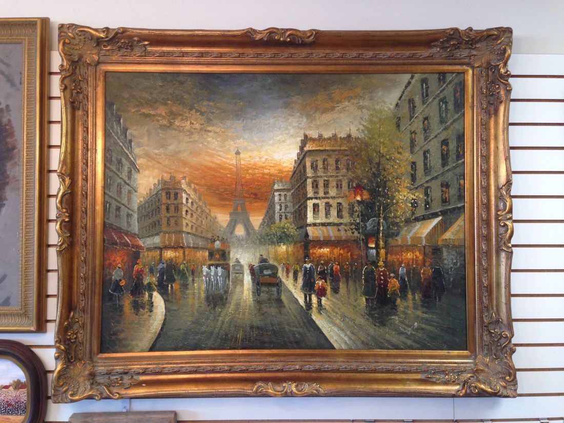 A painting of a city street with the eiffel tower in the background