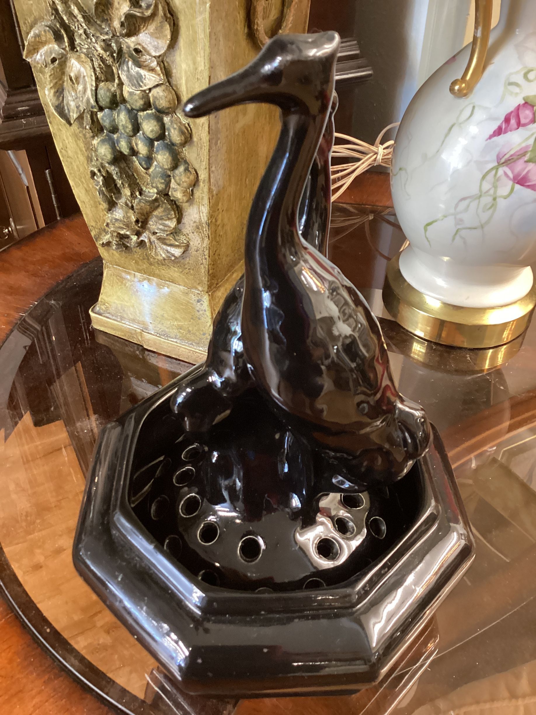 Antique Camark Black Heron Vase with Frog