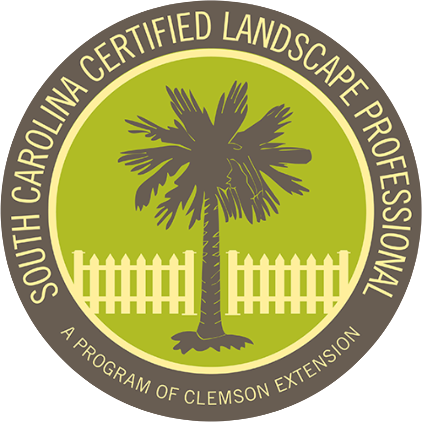 South Carolina Certified Landscape Professional emblem: palm tree and picket fence in a green and yellow circle.