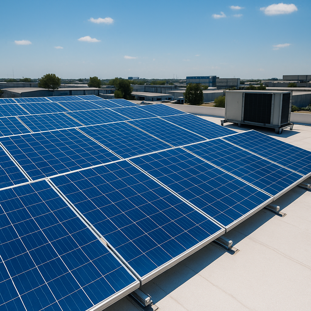 Blue solar panels installed on a commercial rooftop under a bright midday sky, with industrial buildings in the background.