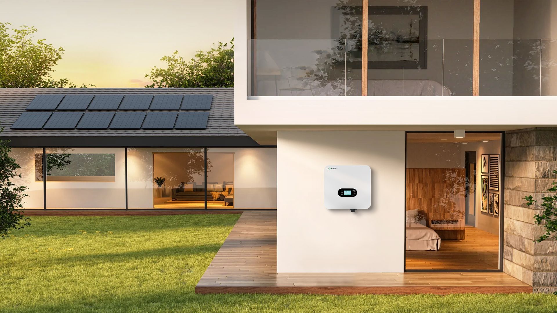 Modern home solar system with rooftop panels and a mounted 50Kw inverter for efficient energy conversion.