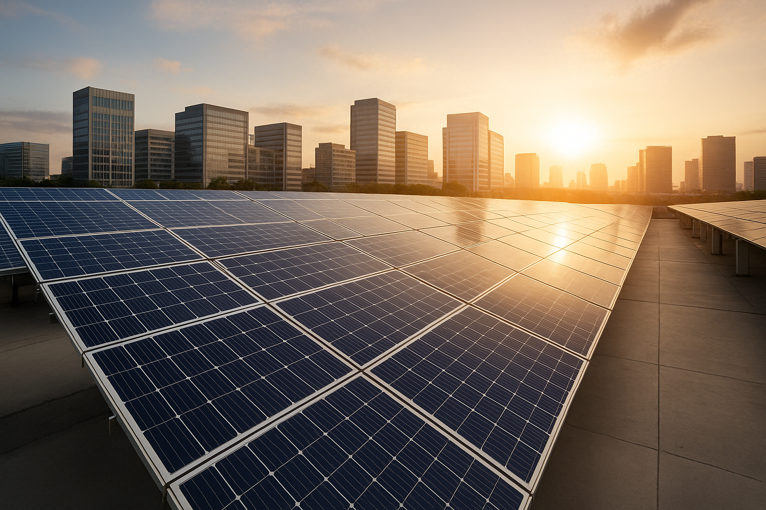 Commercial rooftop solar panels in an urban setting at sunset.