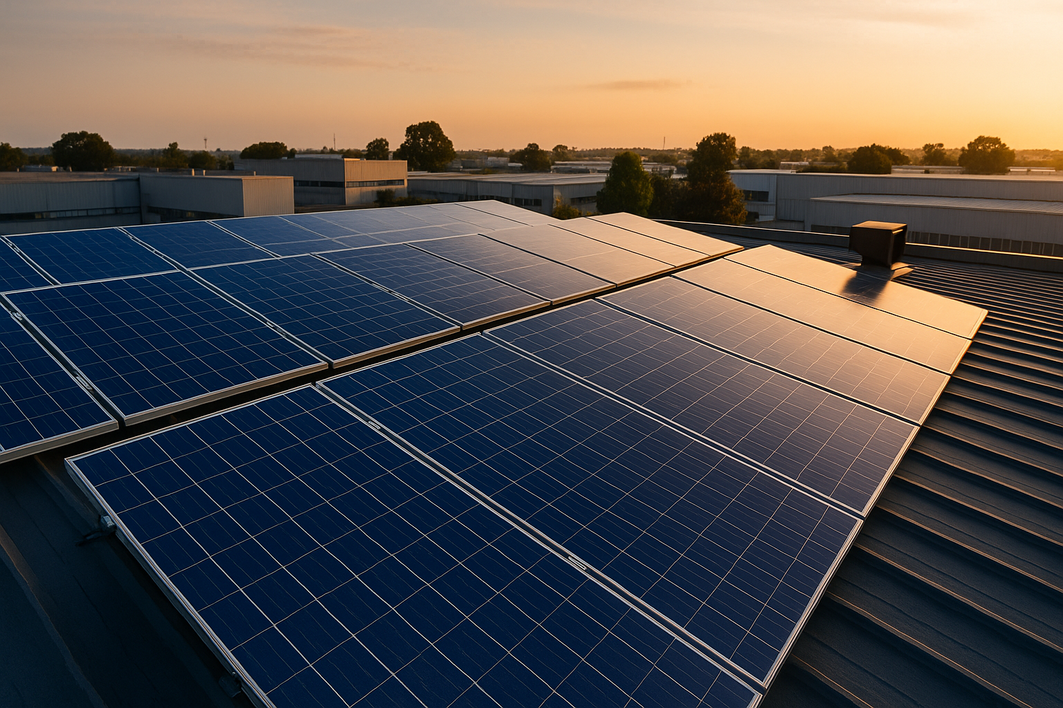 Solar panels on a sloped metal rooftop at sunset, with industrial buildings and trees in the background.