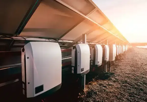 Row of solar inverters installed under solar panels at sunset.