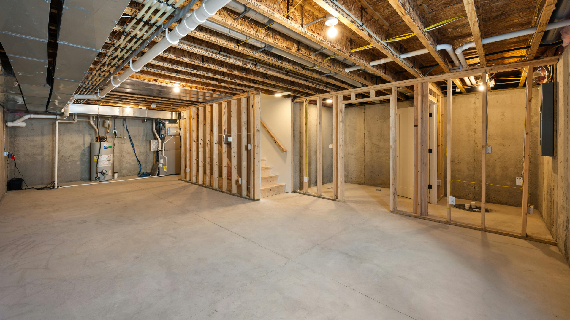 An empty basement with a wooden frame and concrete floor.