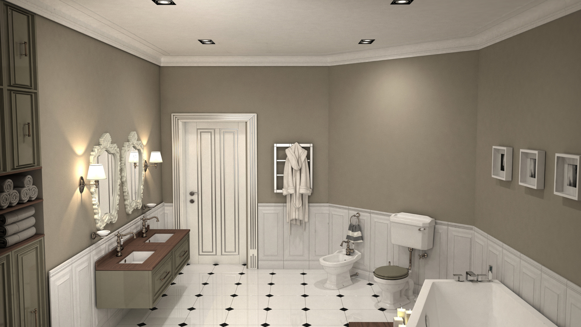 A bathroom with two sinks , a toilet , and a bathtub.