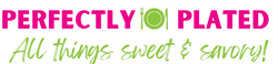 Logo reading “Perfectly Plated” with the tagline “All things sweet & savory!” in pink and green.