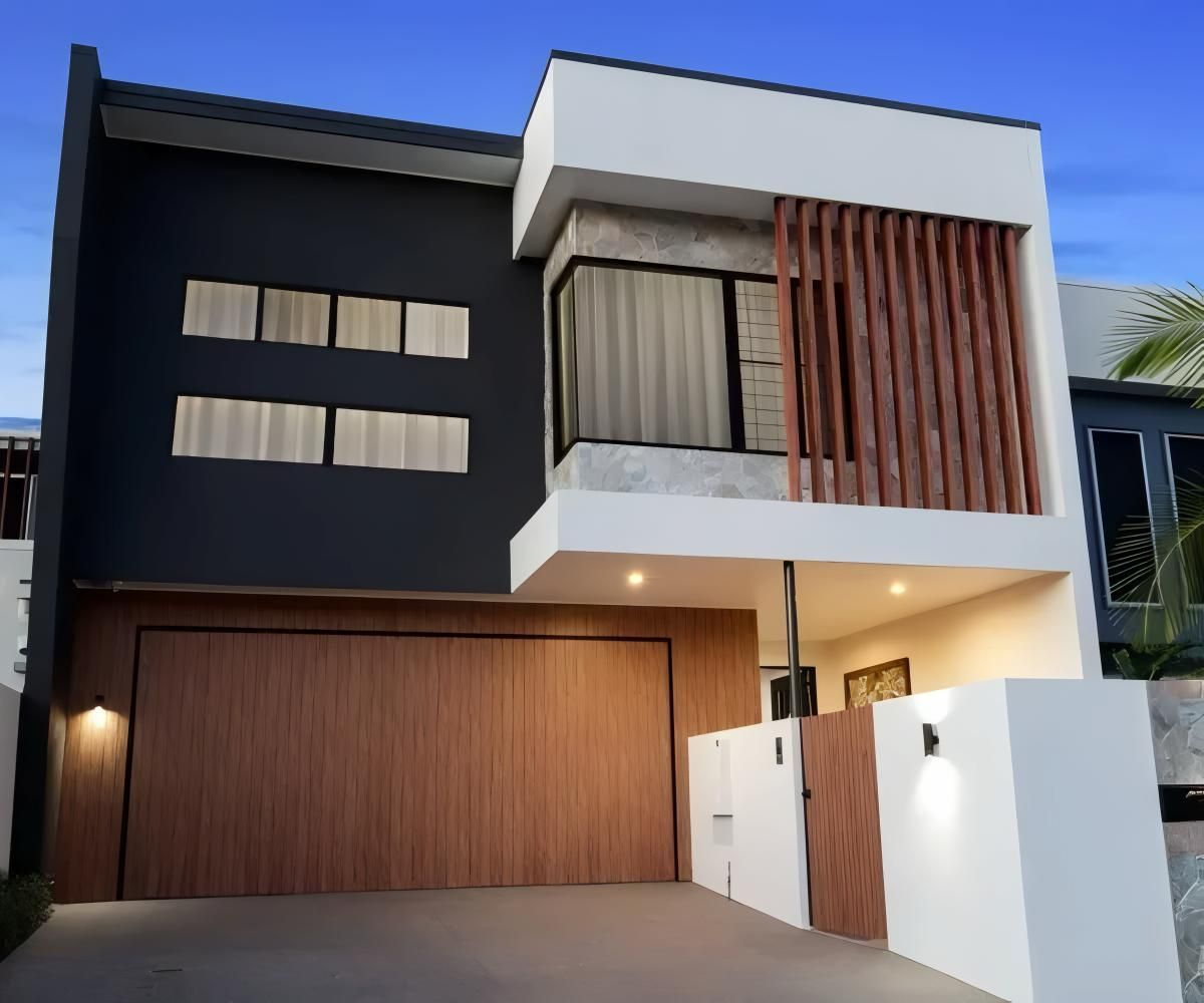 A Black and White House With a Wooden Garage Door — O'Brien Painting Contractors in Maroochydore, QLD