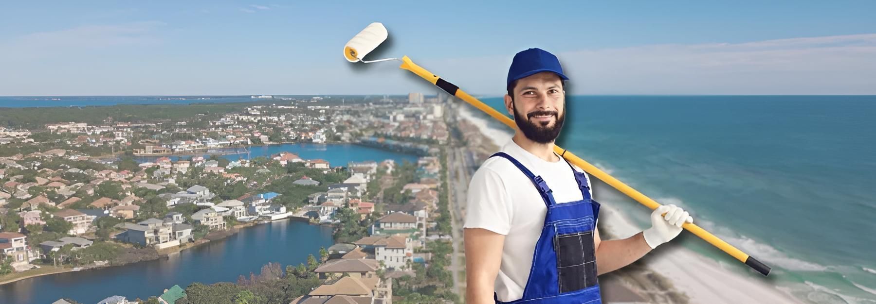 A Man is Holding a Paint Roller in Front of a City and Ocean — O'Brien Painting Contractors in Alexandra Headland, QLD